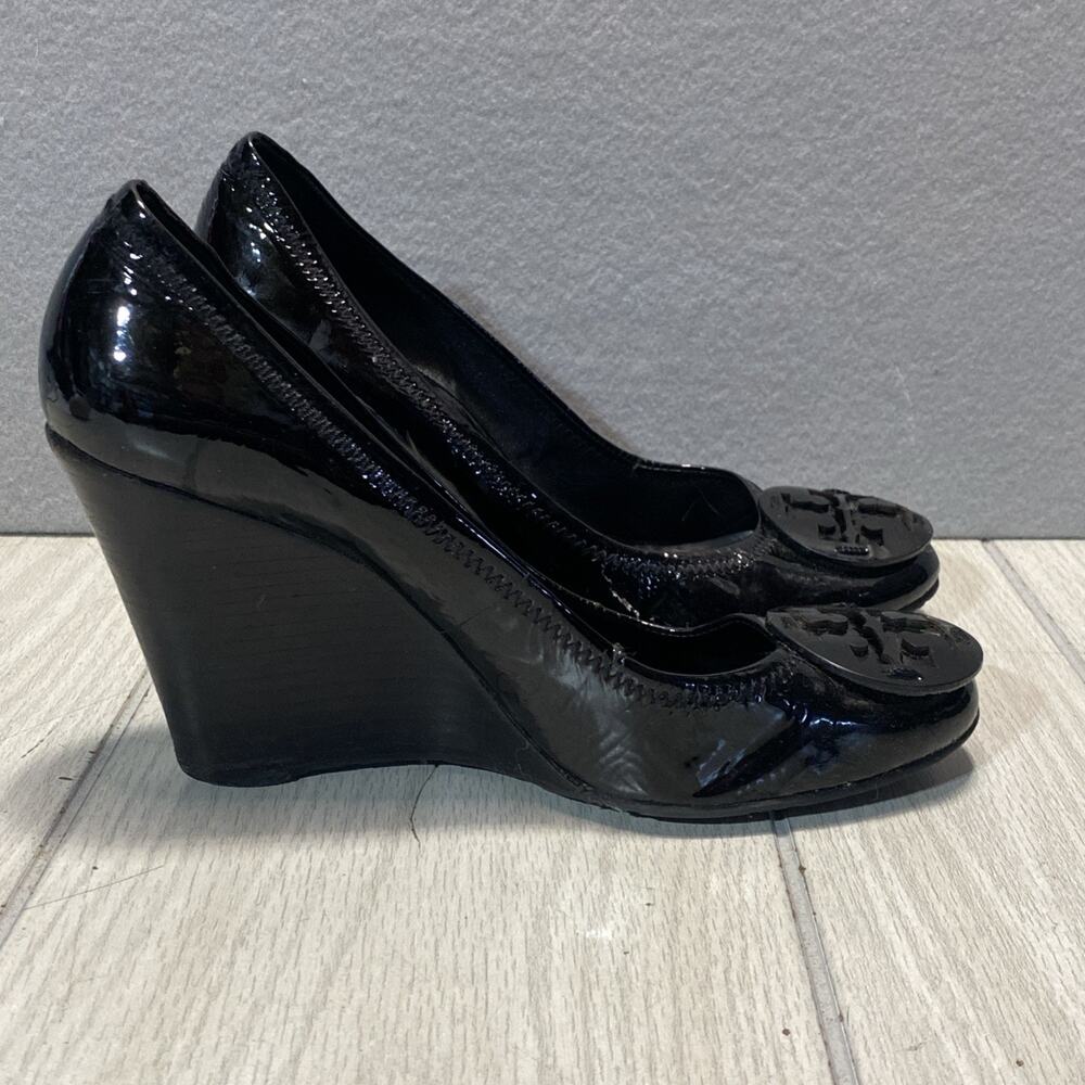 Tory Burch Black Wedge Heels with Rosette Embellishments